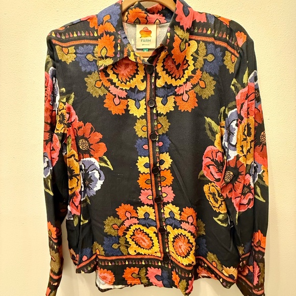 Farm Rio Black Flowers Tapestry Button Up Shirt - Picture 2 of 3